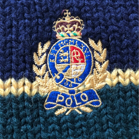 Vintage Polo Ralph Lauren Heavy Chunky Knit Striped Wool Sweater Royal Crest L - Picture 3 of 9